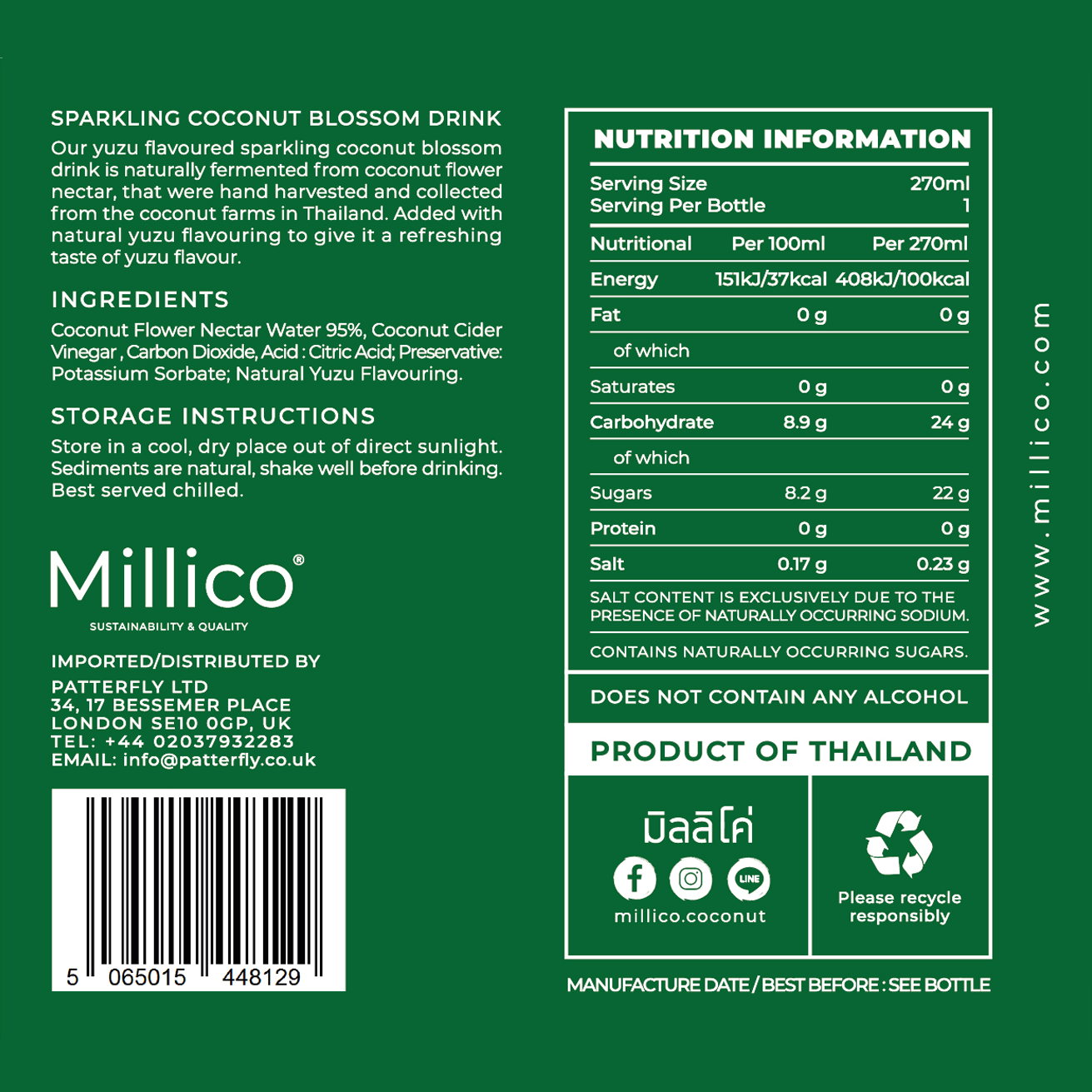 Millico Sparkling Coconut Blossom Drink - Yuzu Flavoured 270ml